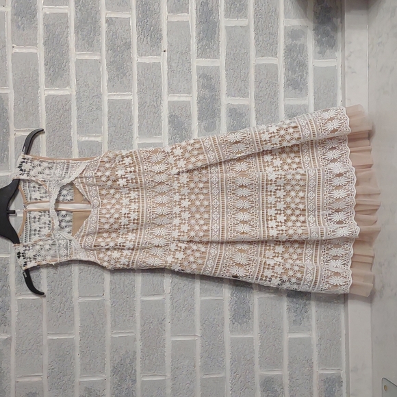 Francesca's Collections Dresses & Skirts - FREE w/ Bundle Francesca's Tan Dress White Lace Overlay & Cutout Chest Small